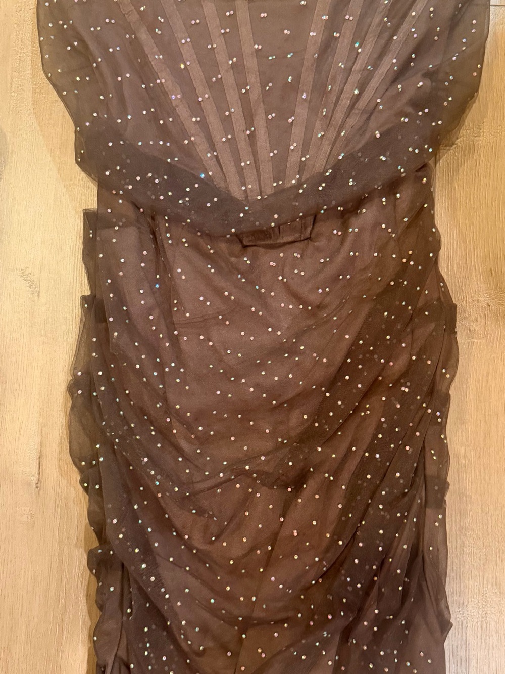 Windsor Brown Mesh Mini Dress with Iridescent Dots